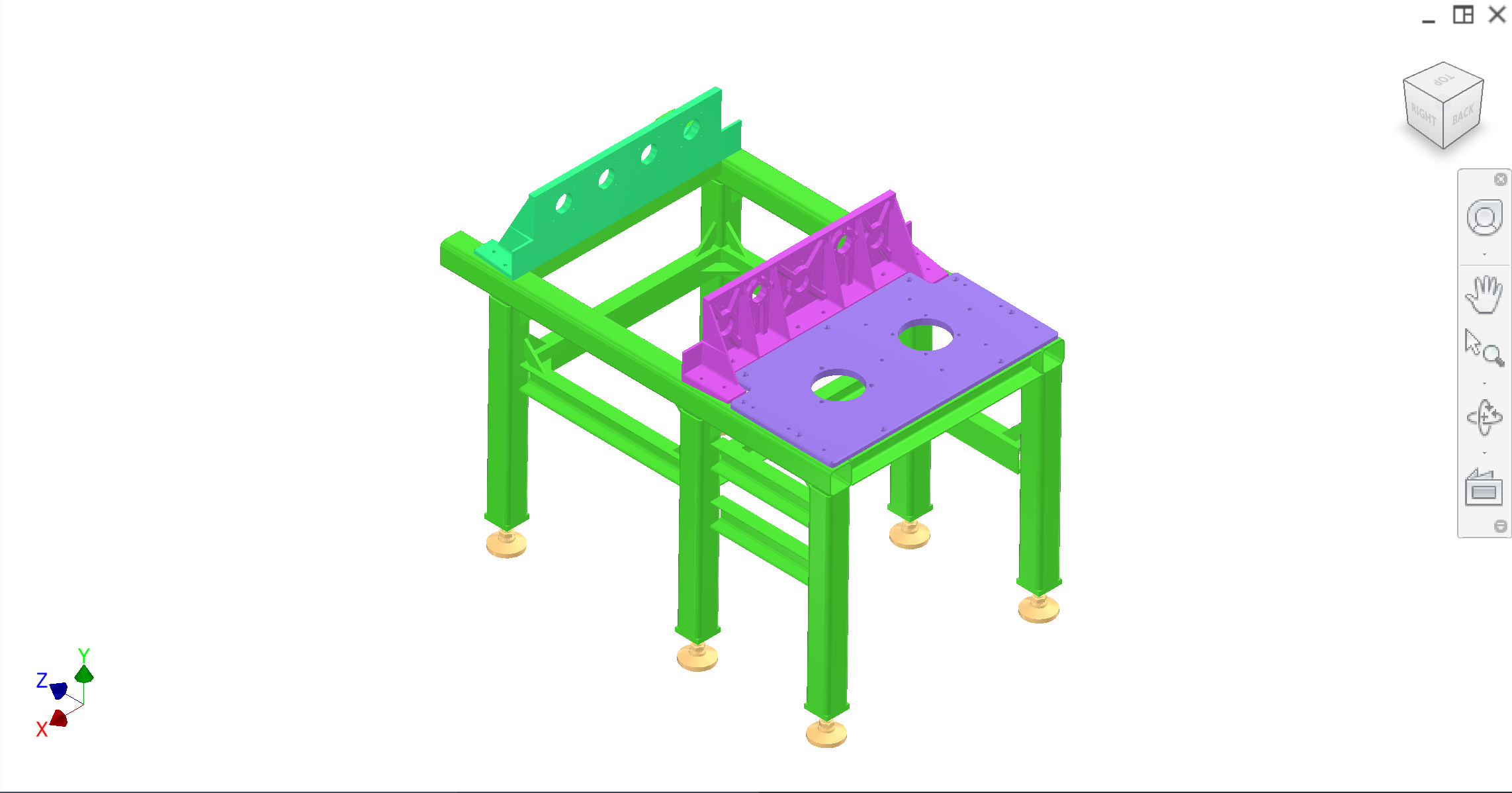 Isometric — main frame, three plates, leveling mounts