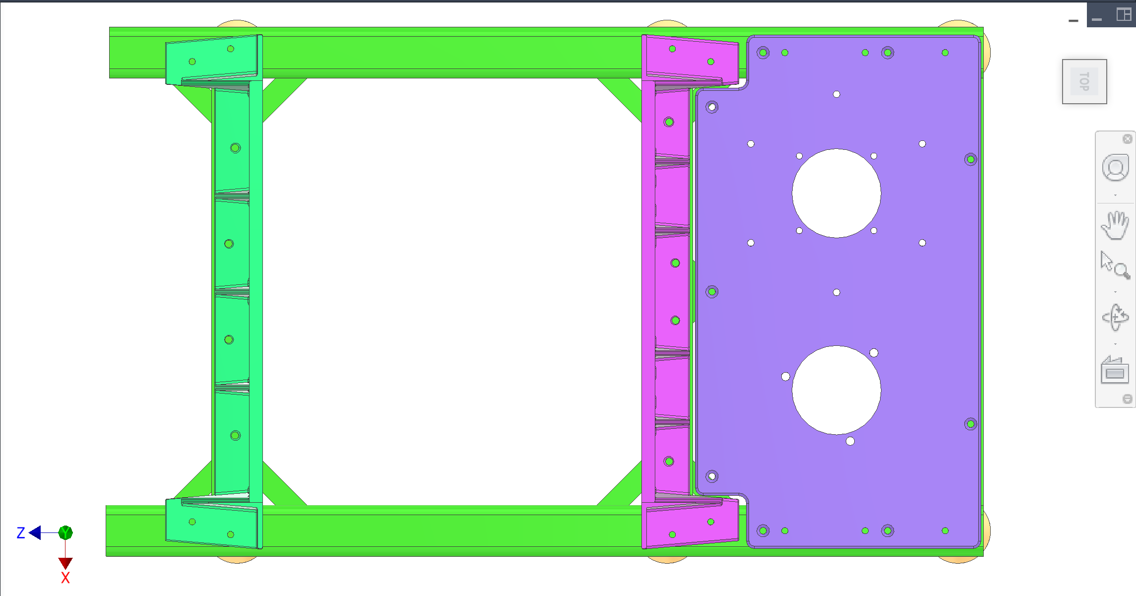 Top-down — three loaded interfaces on side rails