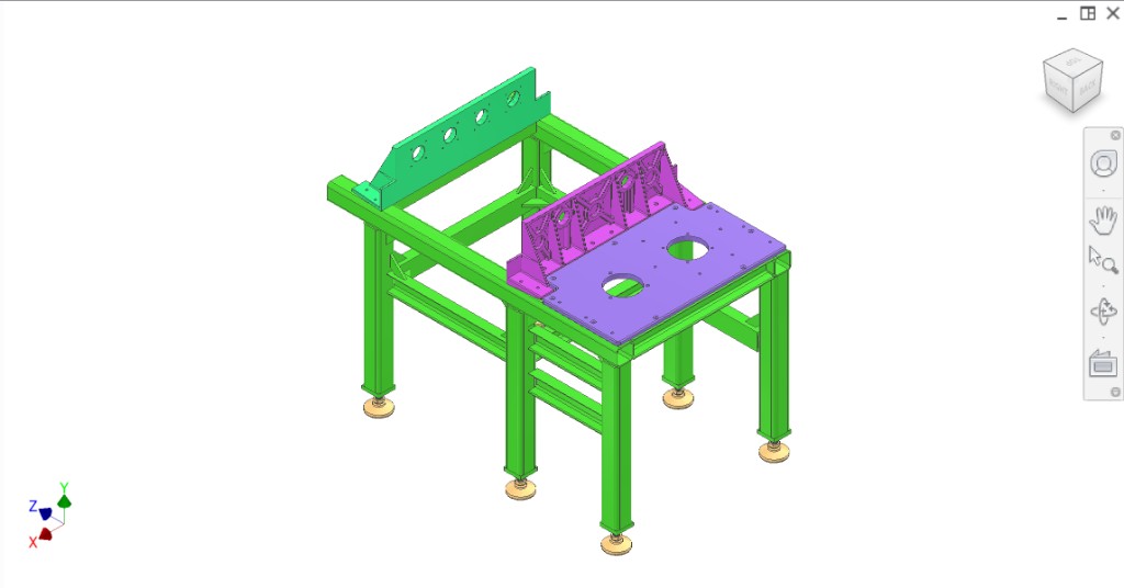 Isometric — main frame, three plates, leveling mounts